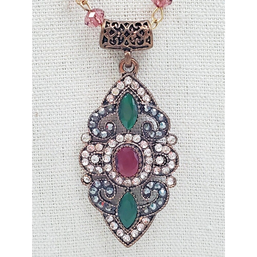 Vintage Multi Strand Purple Beaded Necklace Ornate Openwork Medallion Pendant
